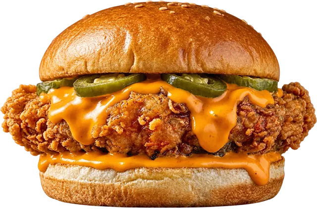 The OG crispy chicken burger with signature BOOM sauce and pickles